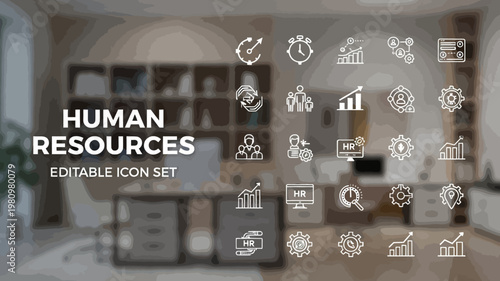 A collection of modern Human Resources outline icons displayed on a blurred office background.