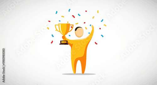 Winner holding golden trophy with confetti, celebrating success and achievement