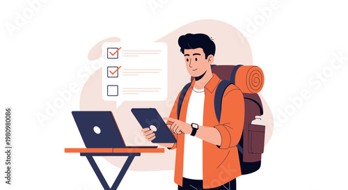 Young man with backpack planning trip on tablet and laptop with checklist
