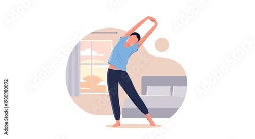 Woman stretching in bedroom at sunrise, healthy morning routine, wellness lifestyle