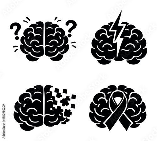 Icons of brains representing different mental health challenges, memory issues, confusion, and assistance for neurological concerns