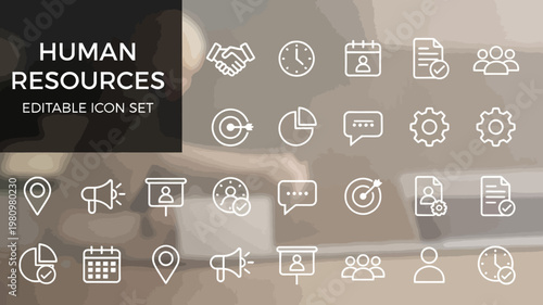 A comprehensive collection of human resources line icons is displayed.