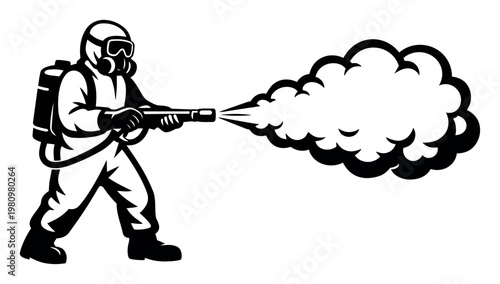 Worker wearing a protective hazmat suit, gas mask, and goggles spraying disinfectant chemical