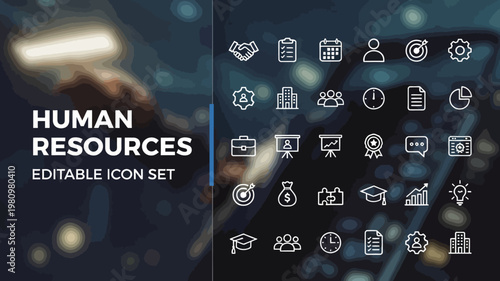 A detailed human resources editable icon set in white line style is presented over a blurred office background.