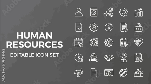 A comprehensive human resources editable icon set in a white line style is displayed on a textured grey background.
