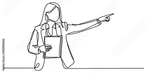 Continuous line drawing of a professional businesswoman pointing and holding a clipboard Vector, illustration