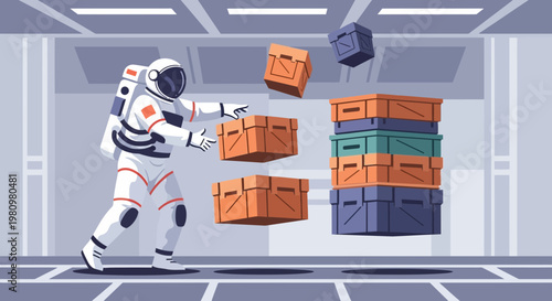 Astronaut Organizing Floating Cargo Boxes in Zero Gravity Space Station