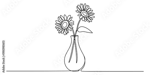 Minimalist single line art illustration of two sunflowers in a glass vase on a plain background. Vector, illustration