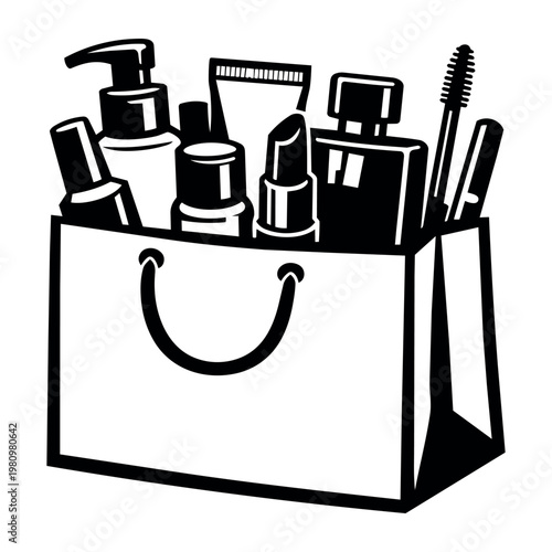 Shopping bag carrying various beauty and personal care products, representing retail, consumerism, and online ordering
