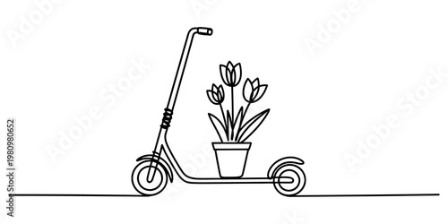 Single continuous line drawing of a kick scooter carrying a potted plant with blooming tulips Vector, illustration