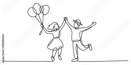 Continuous one line drawing of a happy couple holding hands and jumping with balloons Vector, illustration