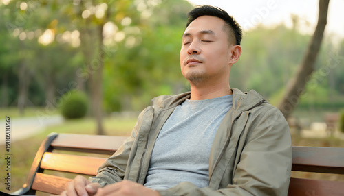 A man with closed eyes sits peacefully on a park bench, enjoying a calm moment surrounded by greenery and soft sunlight.