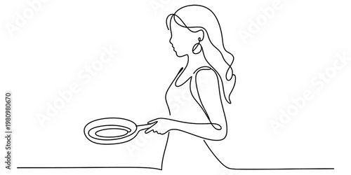 Continuous line drawing of a happy santa claus holding a bell with holly leaves at his feet. Vector, illustration