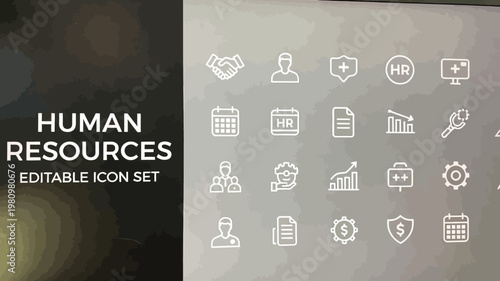 White human resources icons are featured on a dark block over a softly blurred gray background.