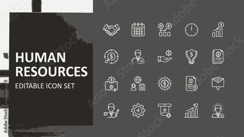 White human resources icons are clearly shown on a dark gray panel on a wooden table.