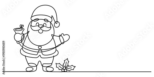 santa, claus, christmas, holiday, winter, bell, holly, leaf, berry, line, drawing, art, minimalist, continuous, sketch, outline, illustration, festive, celebration, character, jolly, beard, hat, musta