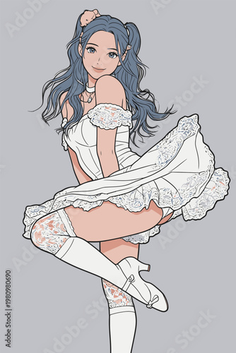 Young Woman in White Victorian Style Dress