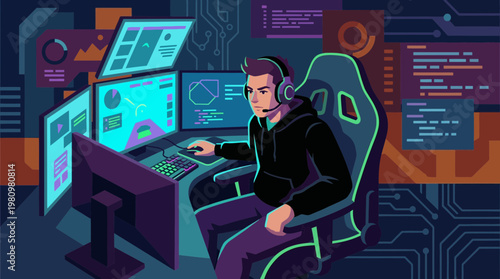 Gamer and Programmer Working at Multitasking Computer Station Vector