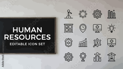 Black outline human resources icons displayed on a light grey wall next to a blackboard.