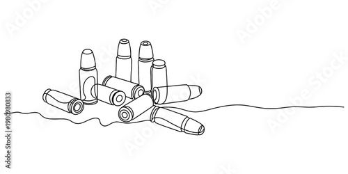 Continuous line drawing of several handgun bullets or cartridges on a white background Vector, illustration