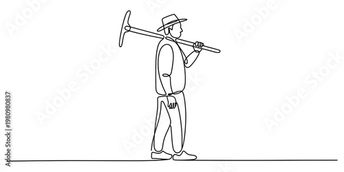 Minimalist continuous line art of a manual laborer walking with a pickaxe on his shoulder Vector, illustration