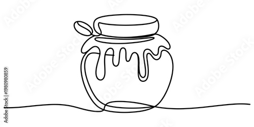 Continuous line drawing of a glass jar filled with honey and a lid on a white background Vector, illustration