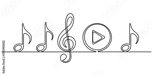 Continuous one line drawing of music notes treble clef and play button symbol icon vector illustration Vector, illustration