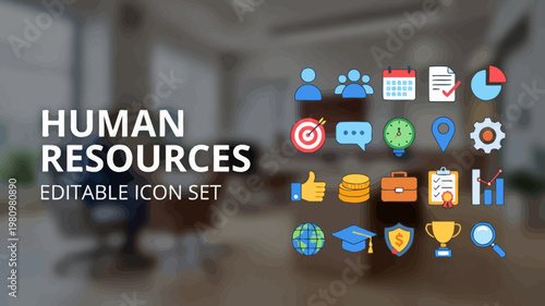 A vibrant colored human resources icon set displayed over a bright blurred office background.