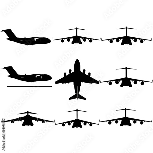 C-17 Globemaster Heavy Military Transport Aircraft Silhouette Vector Set