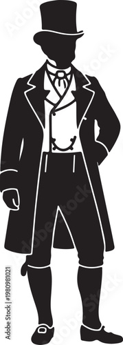 Silhouette of a man in traditional 1800s Norwegian fashion, featuring a top hat, long coat, vest, and breeches.