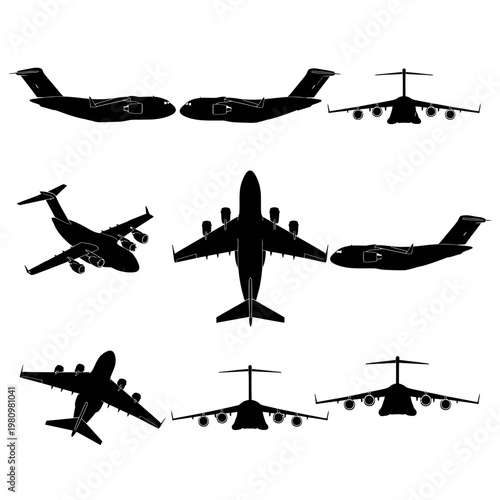 Military Aviation Cargo Plane C-17 Vector Silhouettes Multi-Angle