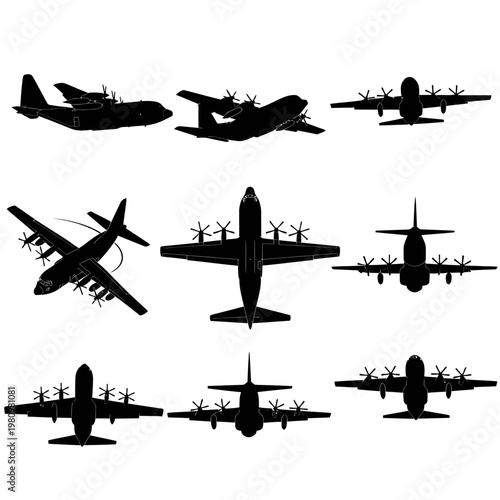 C-130 Hercules Military Turboprop Transport Aircraft Silhouette Collection