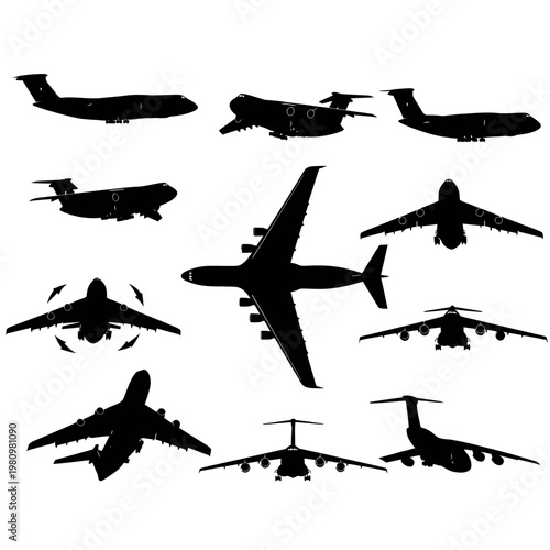 Heavy Tactical Airlift Cargo Plane Vector Silhouettes All Angles