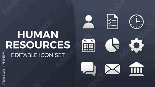 A modern human resources editable icon set features essential business symbols on a dark background.
