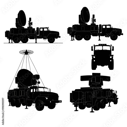 Mobile Military Radar Communication Truck Silhouette Vector