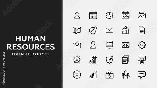 A clean human resources icon set showcases black outline symbols on a crisp split background.