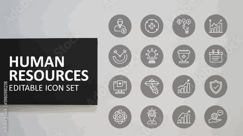 A selection of human resources icons are presented as white symbols within grey circles.