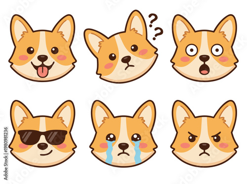 Corgi Dog Faces Expressing Different Emotions.