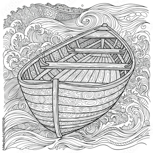 Vintage Wooden Rowboat on Turbulent Waters in Artistic Illustration