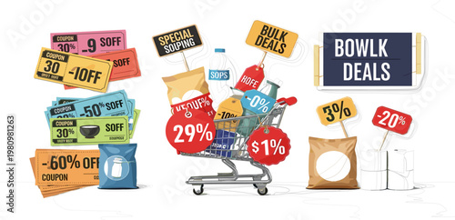 Bulk Grocery Shopping Vector Illustration with Discount Price Tags Supermarket Cart Full of Products and Low Cost Deals Concept for Retail Marketing Design