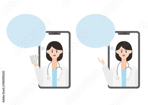 スマホのオンライン診療の女医と吹き出しのベクターイラスト素材セット（薬説明・案内）2