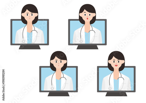 パソコンのオンライン診療の女医のベクターイラスト素材セット（表情4種類）