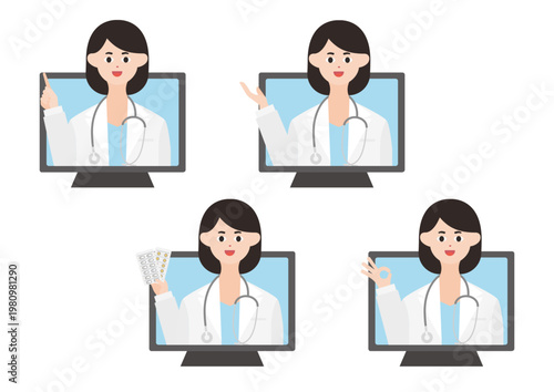パソコンのオンライン診療の女医のベクターイラスト素材セット（右手）