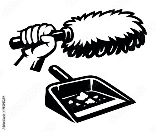 Hand holding a feather duster over a dustpan with collected debris, representing household chores and general sanitation