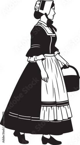 A woman in traditional 1800s peasant attire, featuring a long dress, bonnet, apron, and carrying a basket, depicted in a classic black and white illustration.