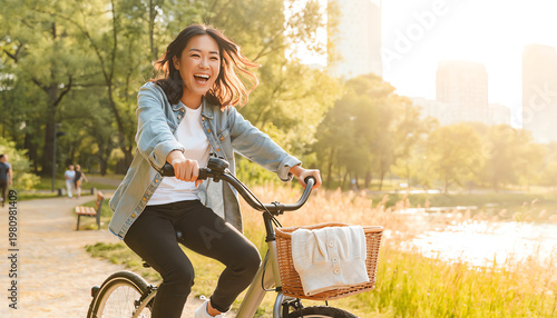 A joyful woman rides a bike along a sunlit park path with trees and city buildings in the background.