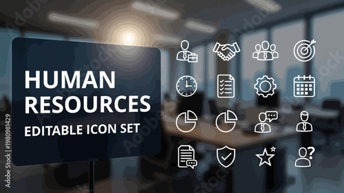 A stylish human resources editable icon set is prominently displayed against a blurred office meeting room.