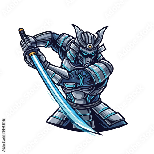 Futuristic Samurai Warrior in Advanced Armor with a Bright Sword