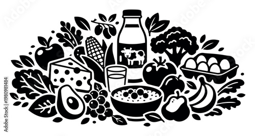 Composition of various fresh food items illustrating healthy eating, organic produce, and a balanced diet concept