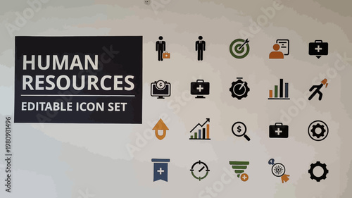 A colorful human resources editable icon set is presented on a clean white wall next to a black signboard.